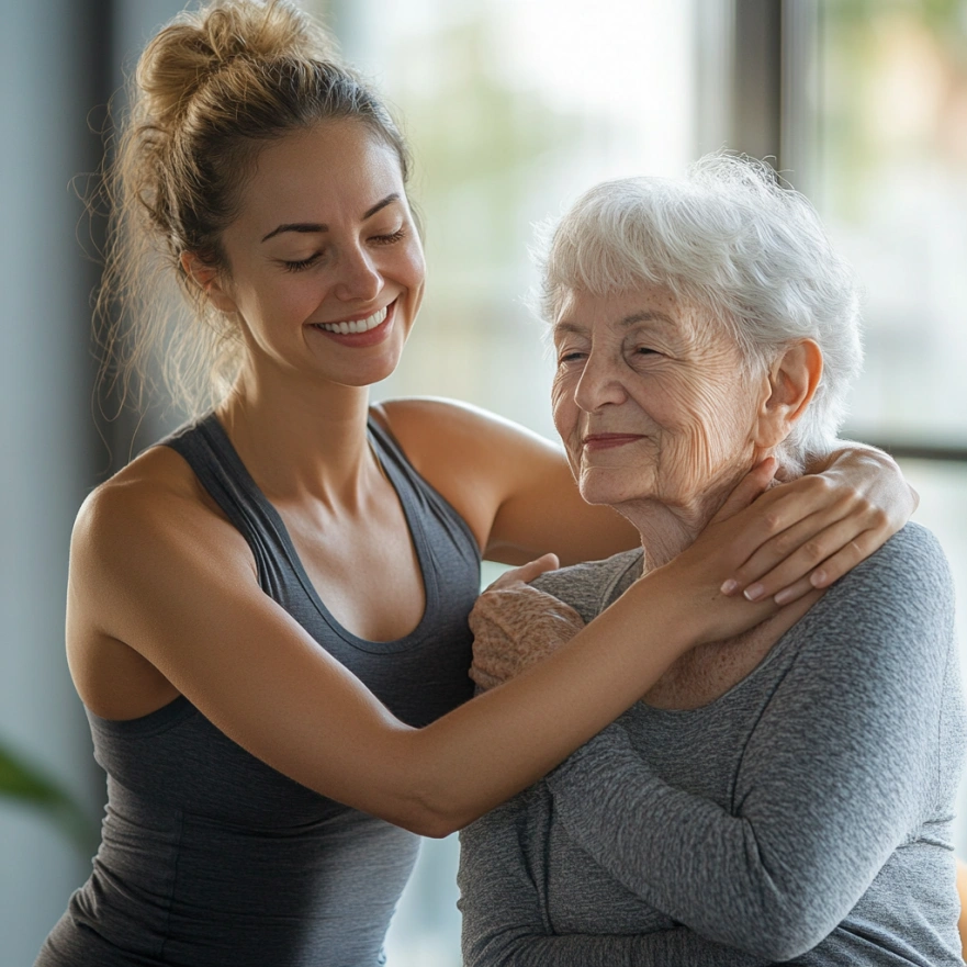 Старша жінка в асані з інструктором