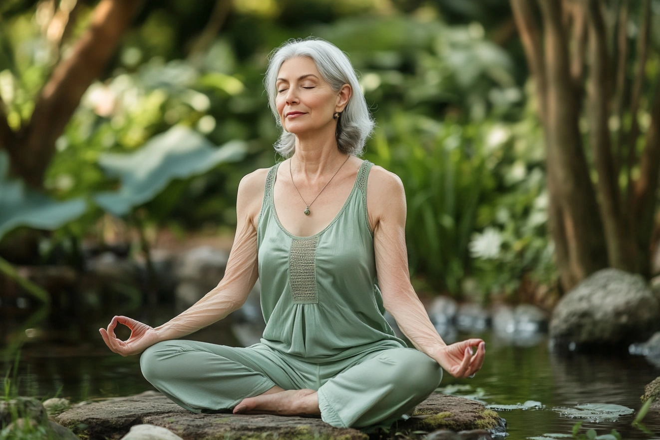 Старша жінка практикує йогу на природі